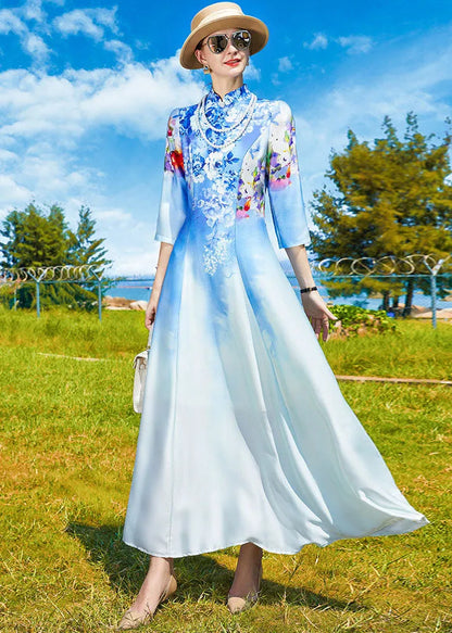 Sky Blue Stand Collar Print Exra Large Hem Silk Dress Cheongsam Bracelet Sleeve