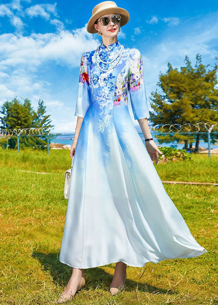 Sky Blue Stand Collar Print Exra Large Hem Silk Dress Cheongsam Bracelet Sleeve