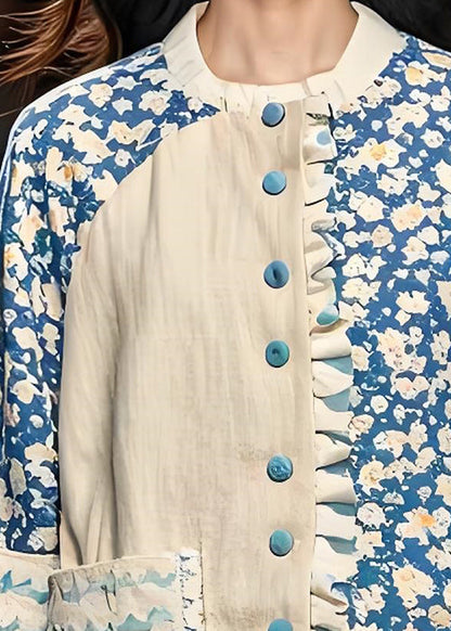Ruffled Print Pockets Patchwork Cotton Coats Spring