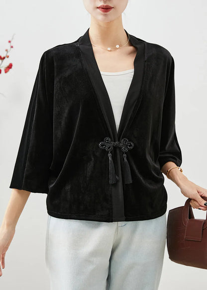 Black Tasseled Chinese Button Silk Velour Coats Fall