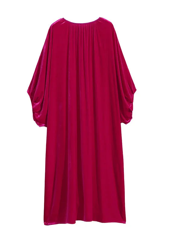 Rose O Neck Wrinkled Patchwork Silk Velour Dress Batwing Sleeve