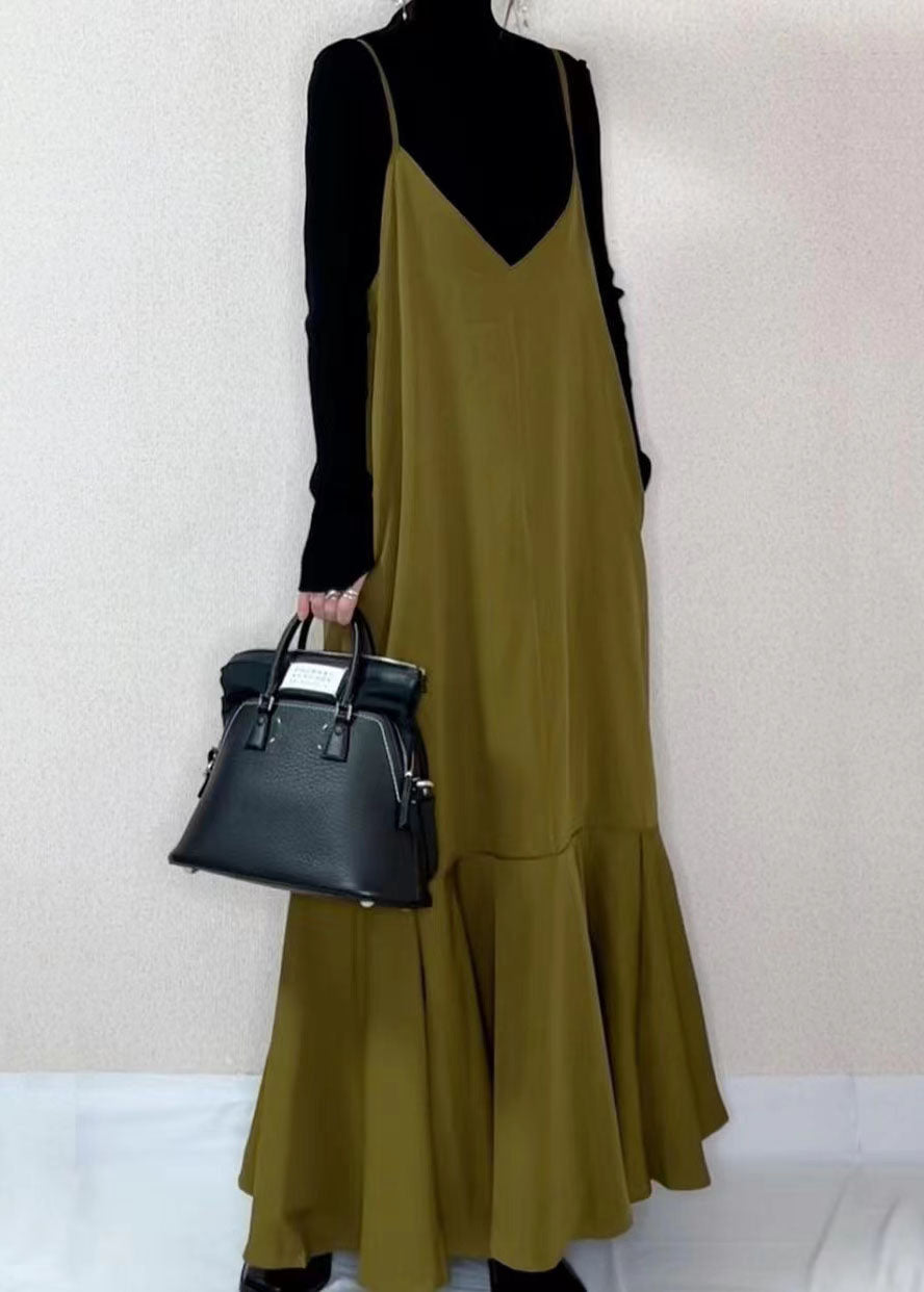 French Black V Neck Ruffles Patchwork Cotton Spaghetti Strap Dress Sleeveless