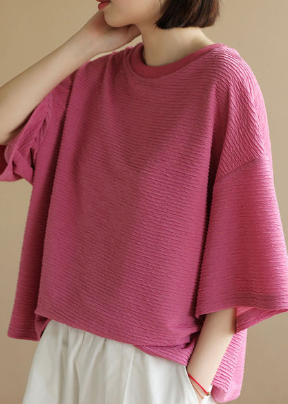 Rose O-neck Wrinkled Cotton Tanks Short Sleeve