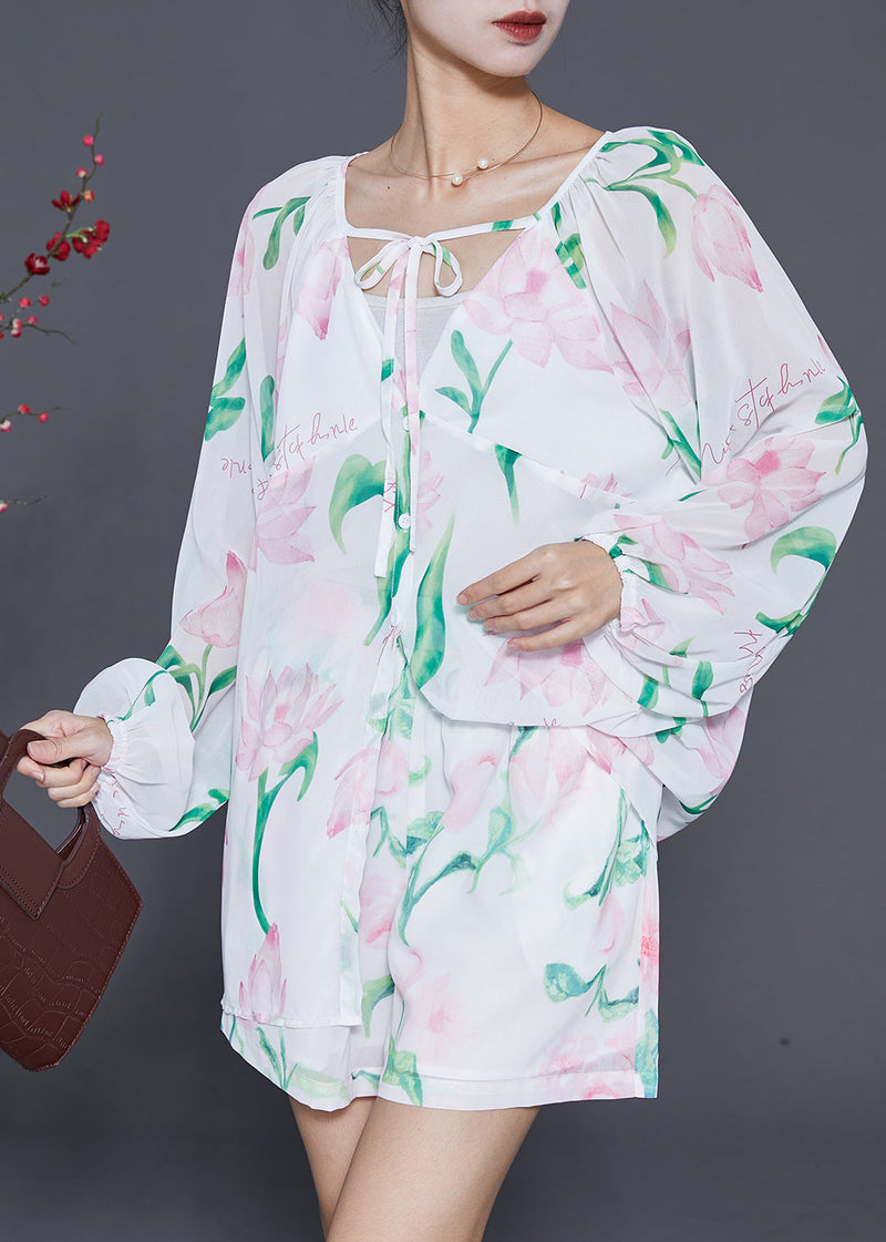 White Print Lace Up Chiffon Two Piece Set Outfits Summer