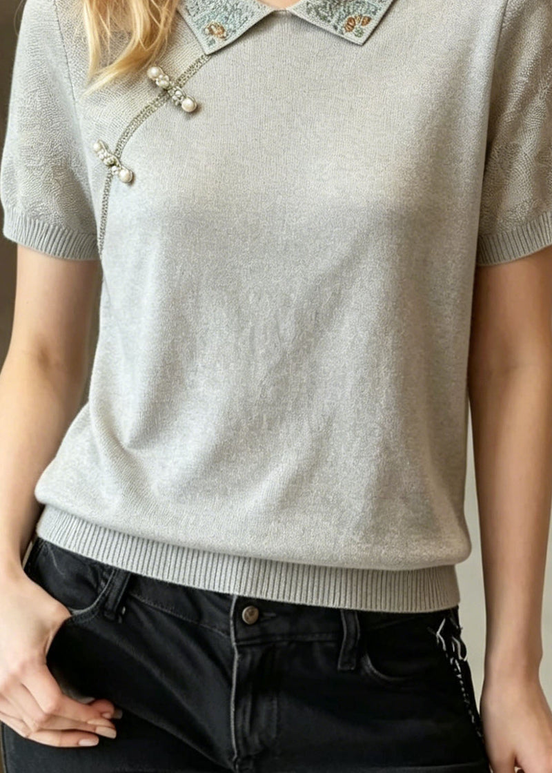 Blue Grey Peter Pan Collar Zircon Nail Bead Knit T Shirt Summer