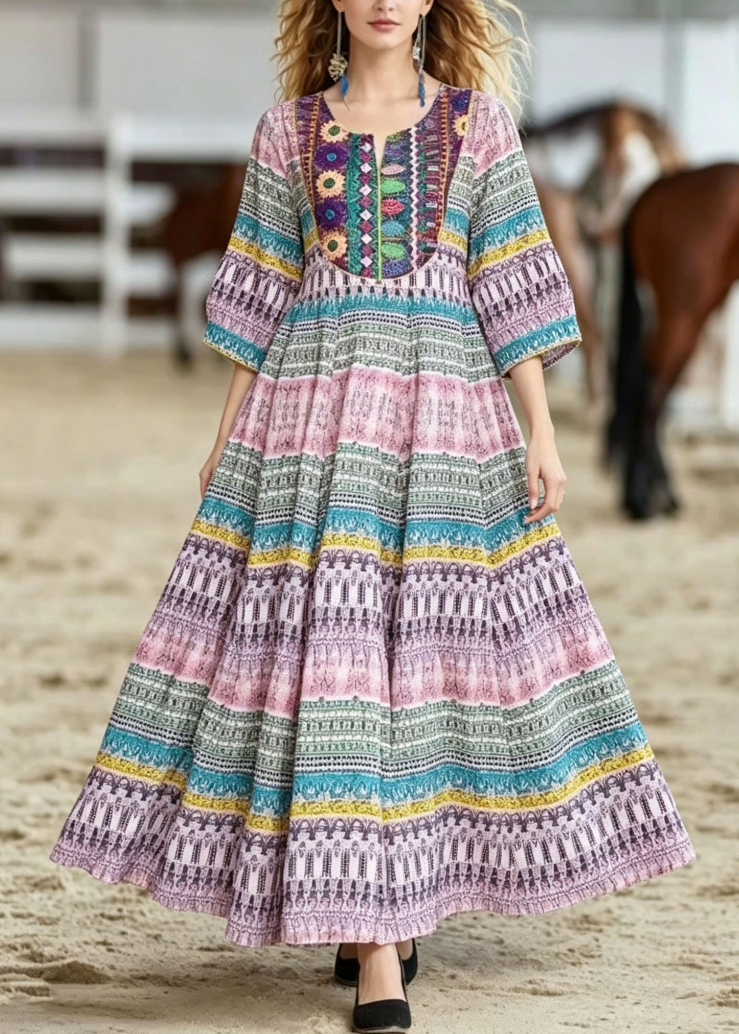 O Neck Print Wrinkled Cotton Dresses Summer