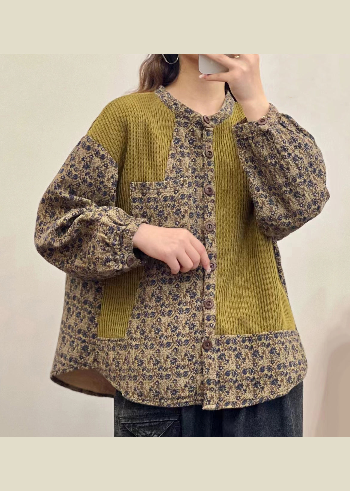 Green Button Print Patchwork Linen Shirt Top Fall