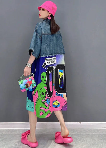 Loose Blue Peter Pan Collar Patchwork Print Cotton Denim Dress Short Sleeve