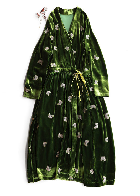 Loose Green Print Butterfly Lace Up Silk Velvet Long Dress Fall