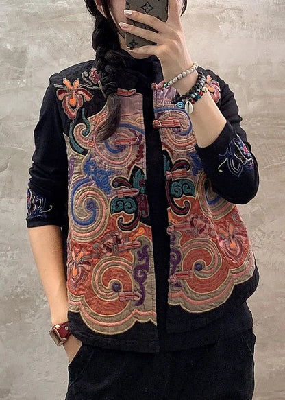 Retro Black Stand Collar Embroideried Button Waistcoat Fall