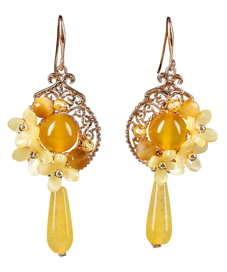 Unique Yellow Jade Sterling Silver Yellow Agate Drop Earrings