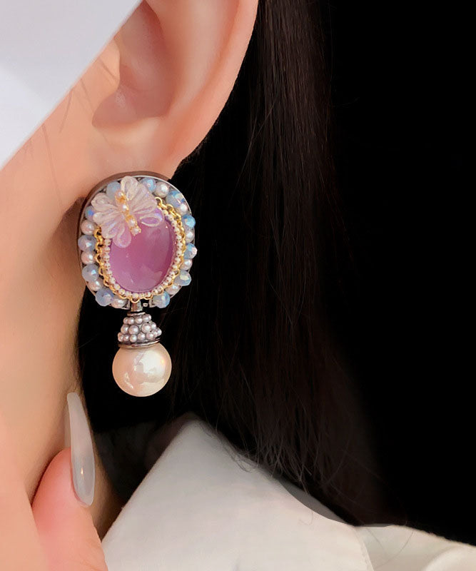 Purple Acrylic Alloy Crystal Pearl Resin Butterfly Stud Earrings