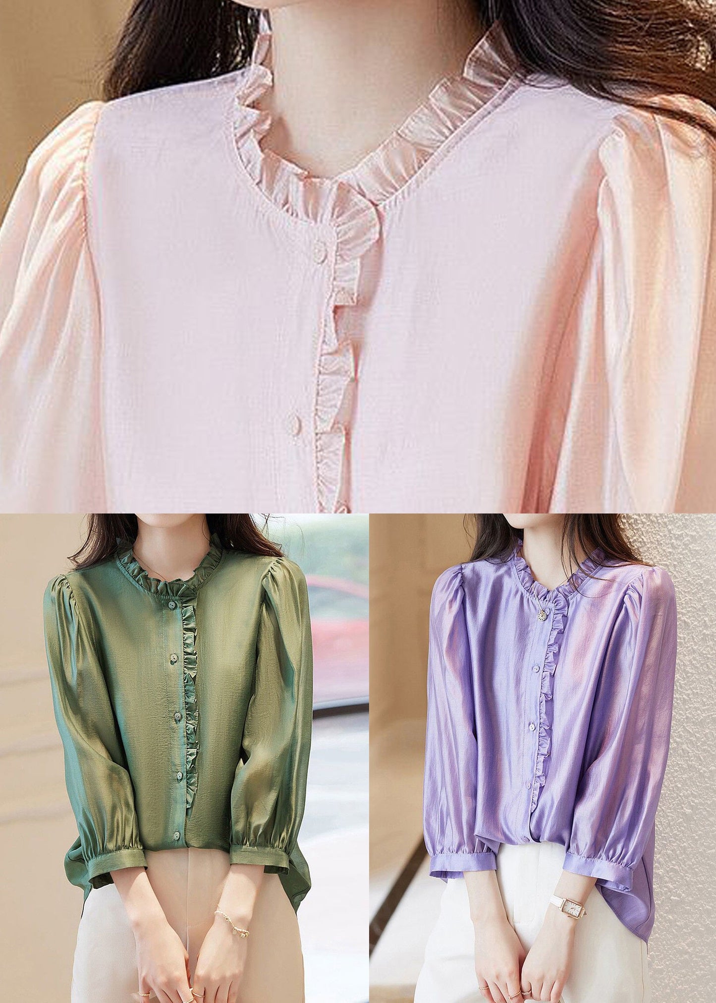 New Pink O-neck Ruffled Button Chiffon Tops Spring