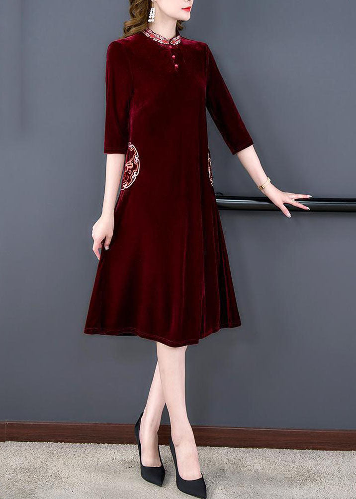 Art Mulberry Mandarin Collar Embroideried Silk Velour a Line Dress Half Sleeve