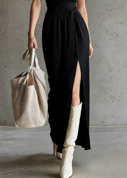 French Black Stand Collar Tunic Maxi Dress Summer