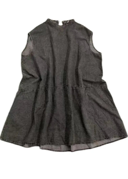 Fitted Black Grey O-neck Low High Design Summer Denim Mid Dress