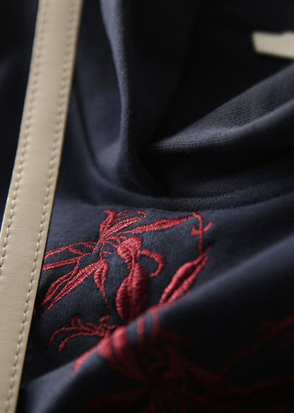 Navy Blue Embroideried Hooded Coats Long Sleeve