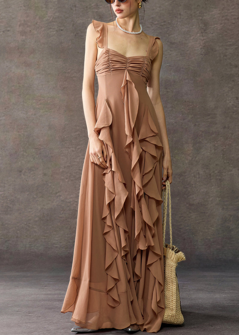 Coffee Square Collar Ruffled Cotton Long Dress Summer