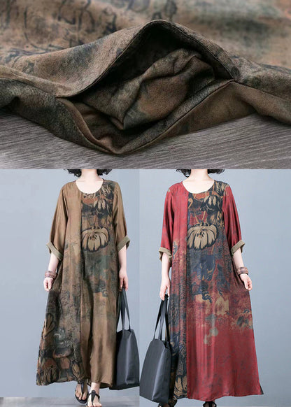 Yellow Patchwork Loose Silk Long Dresses Draping Three Quarter Sleeve