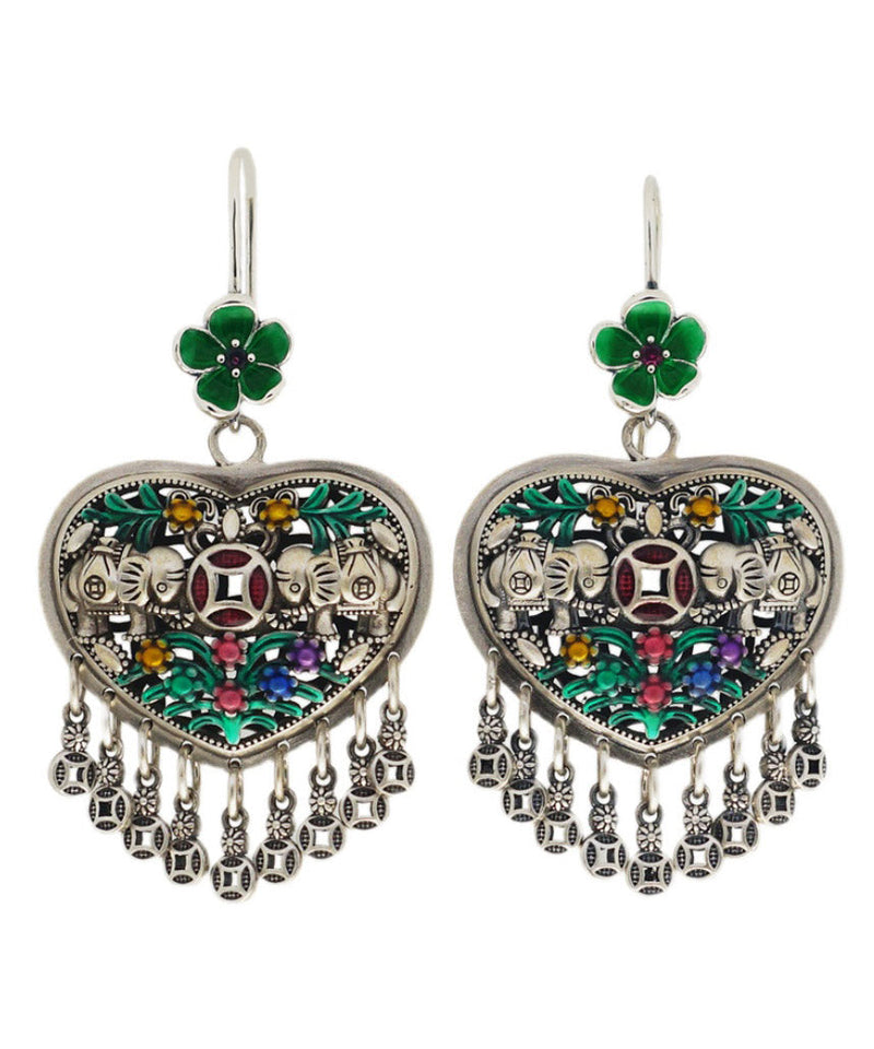 Green Sterling Silver Heart Tassel Drop Earrings