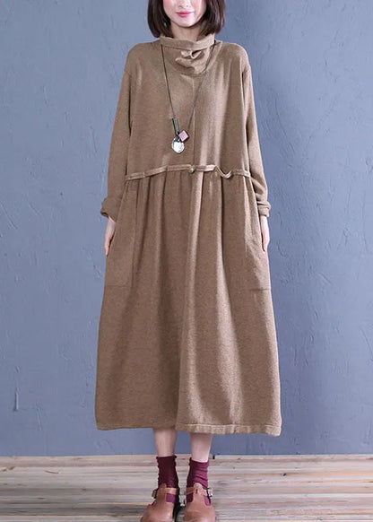 Khaki Turtle Neck Patchwork Knit Dresses Spring