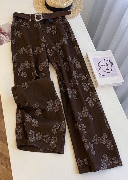 Coffee Print Pockets High Waist Denim Straight Pants Fall