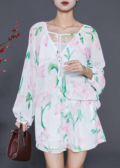 White Print Lace Up Chiffon Two Piece Set Outfits Summer