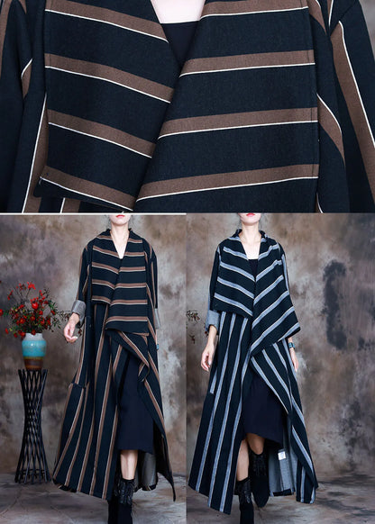 Chocolate Striped Woolen Trench Coats Pockets Spring