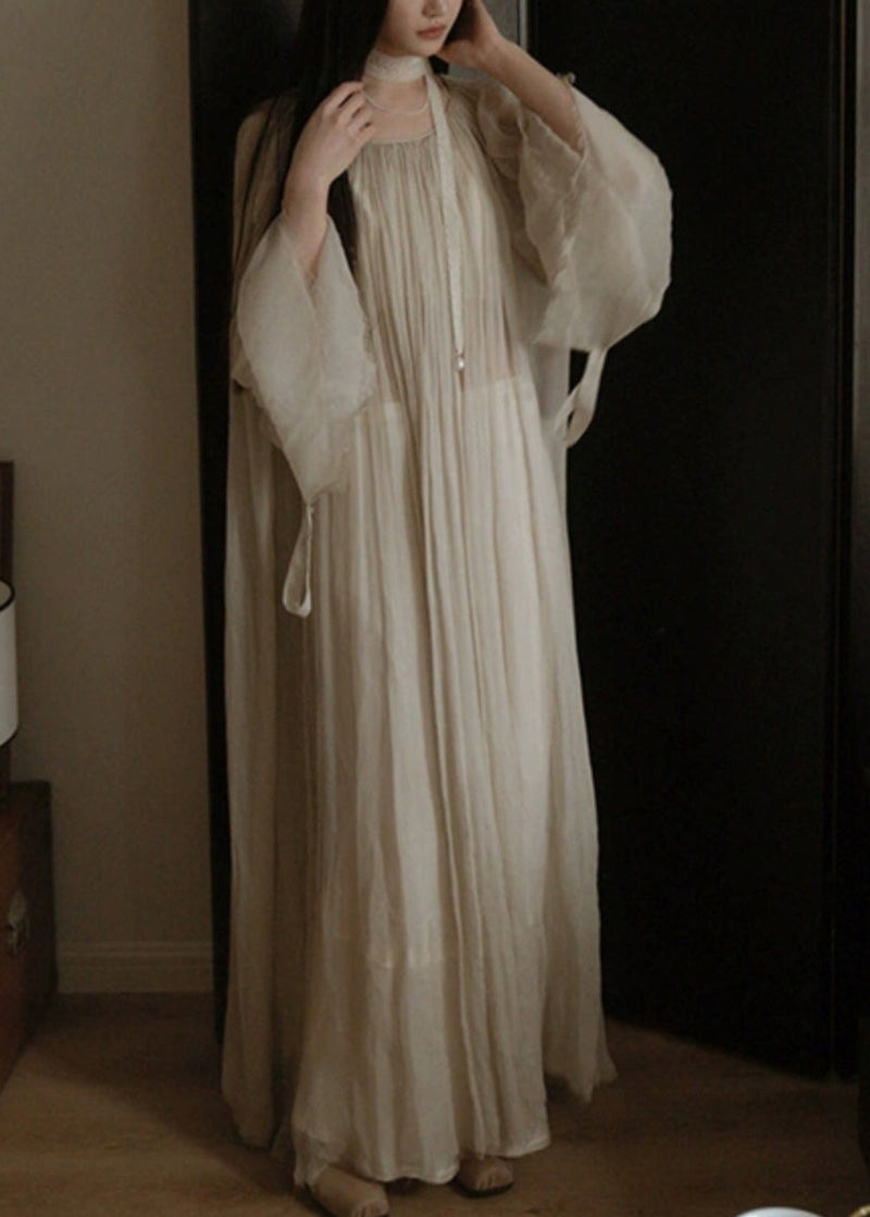 White Wrinkled Silk Cotton Long Dress Flare Sleeve