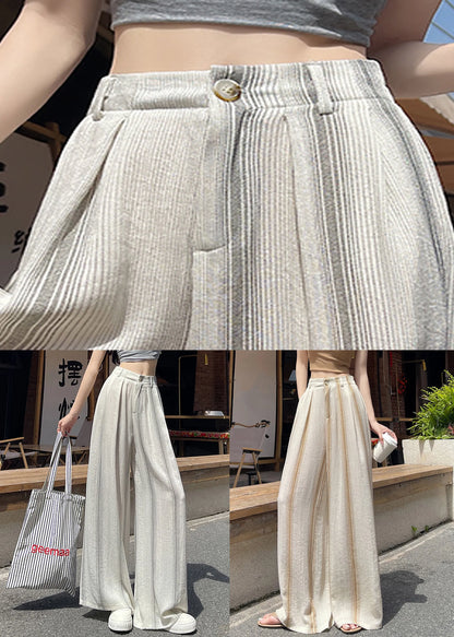 New Khaki Striped Pockets Cotton Pants Summer