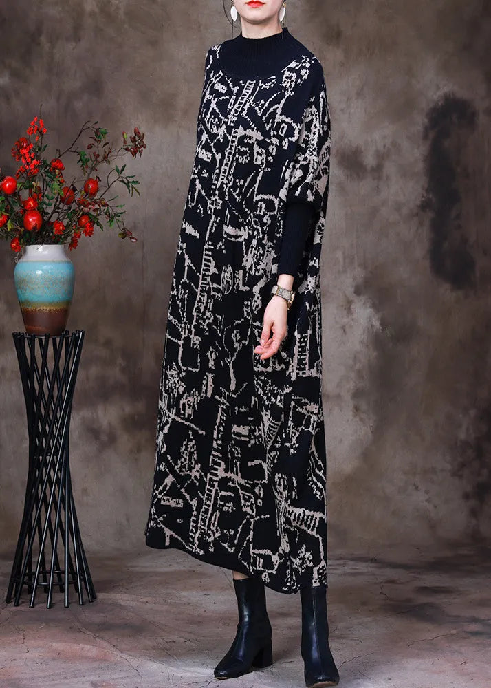 Black Turtleneck Print Knit Patchwork Long Dress Long Sleeve