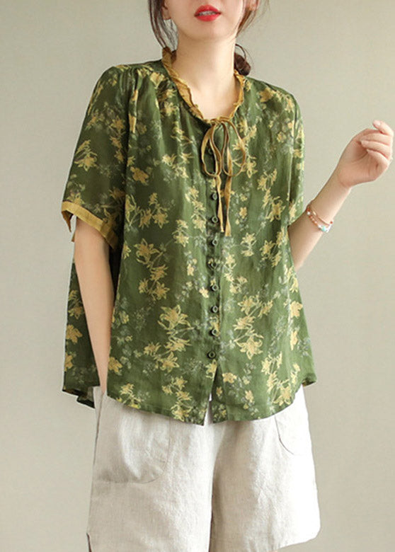 Green Ruffled Print Button Linen Shirt Short Sleeve
