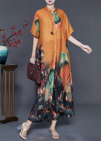 Style Orange Oversized Print Silk Two-piece Set Summer