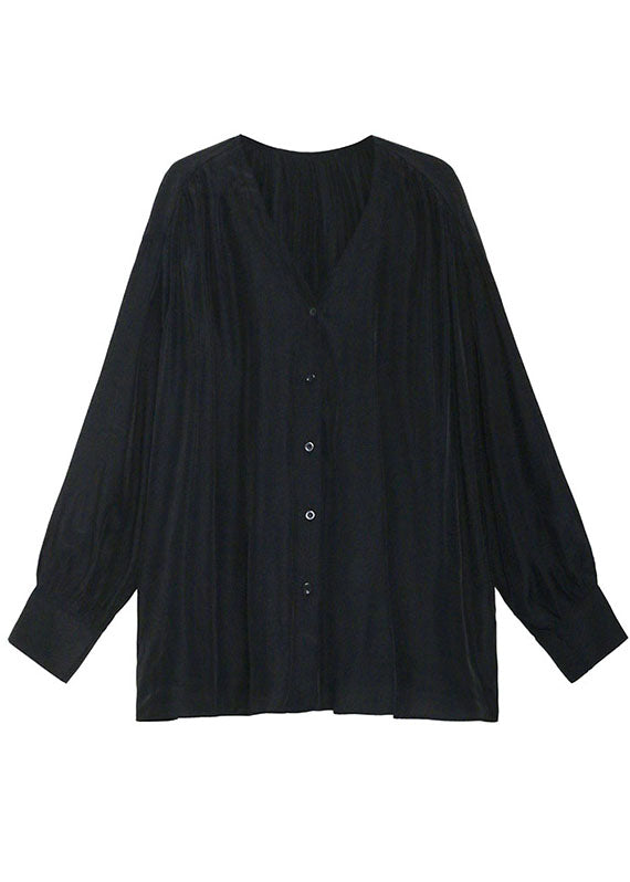Organic Black V Neck Loose Button Fall Long Sleeve Shirt