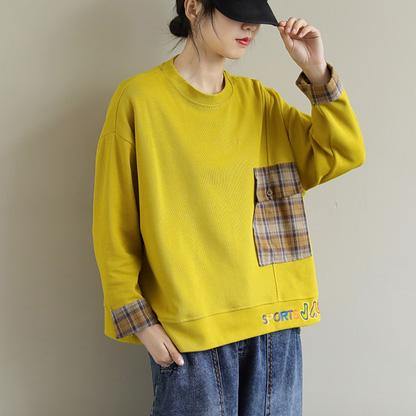 Unique Long Sleeve Cotton Embroidery Pockets Tunic Top Photography Yellow Blouse