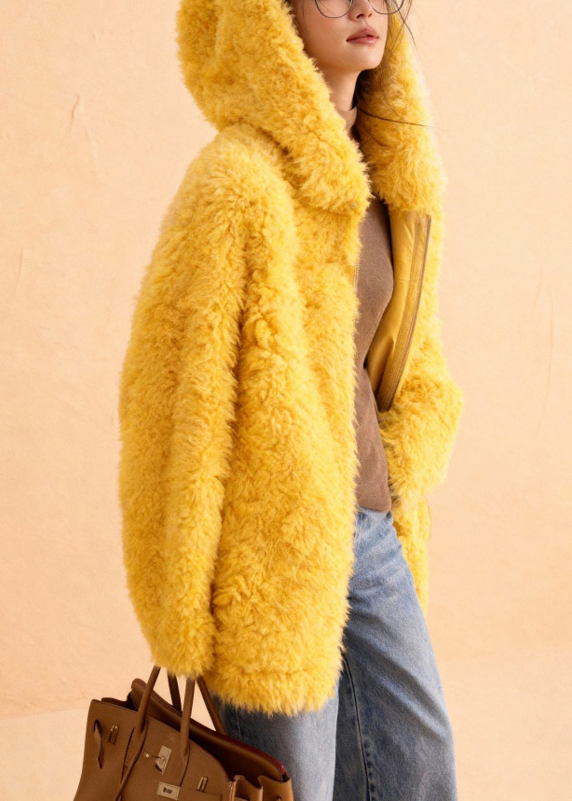 Simple Yellow Hooded Teddy Faux Fur Coats Winter