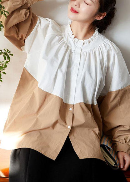 Loose White Colorblock Ruffled Fall Button Long Sleeve Blouses