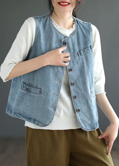 Light Blue O-neck Button Denim Waistcoat Fall