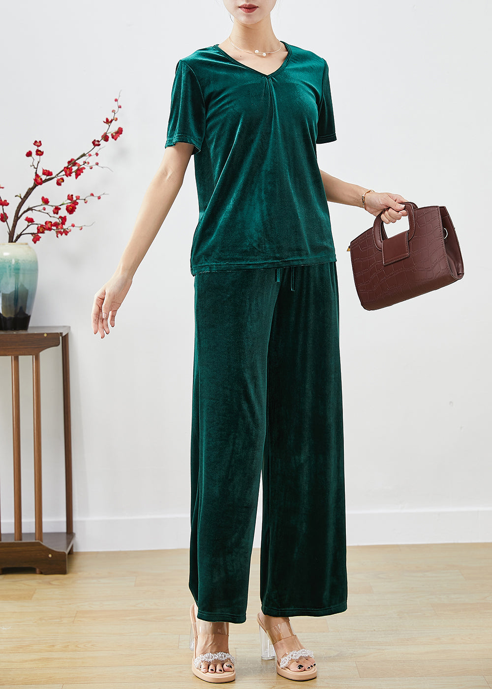 Blackish Green Slim Fit Silk Velour Two Pieces Set Fall
