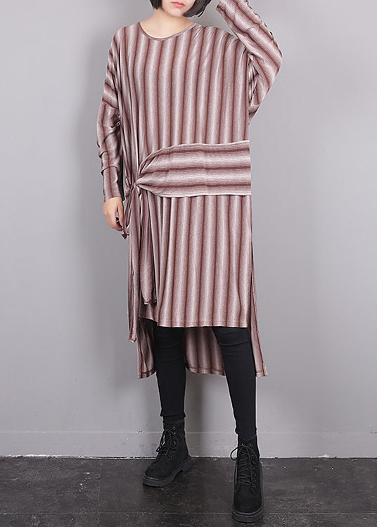 Red O-neck Asymmetrical Striped Low High Design Maxi Dress Fall