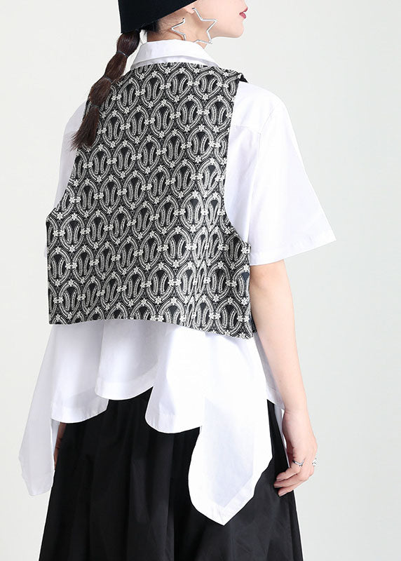 Black V Neck Patchwork Love Applique Print Cotton Vests Sleeveless