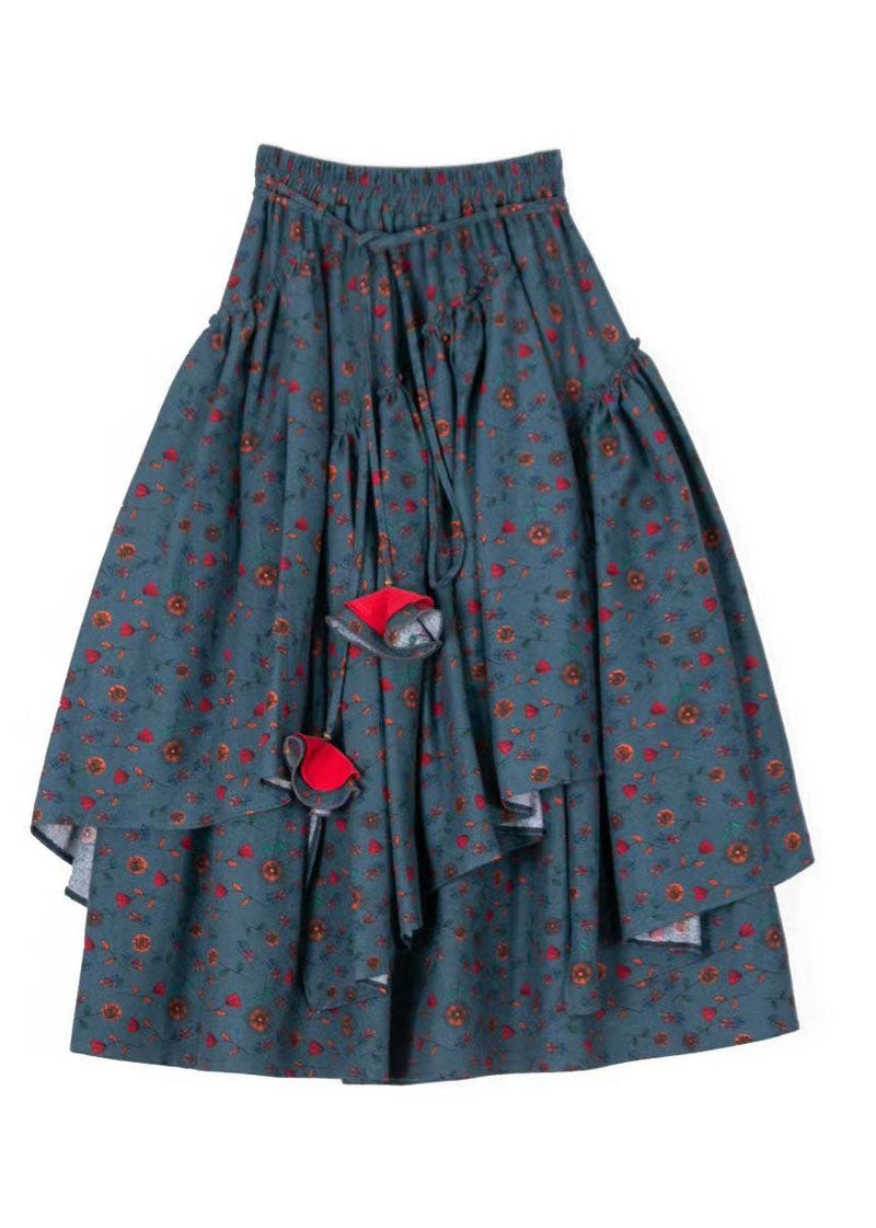 French Dark Grey Tie Waist Print Wrinkled a Line Skirts Fall