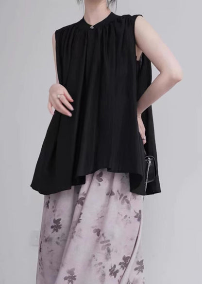 Organic Black Stand Collar Cotton a Line Shirt Sleeveless