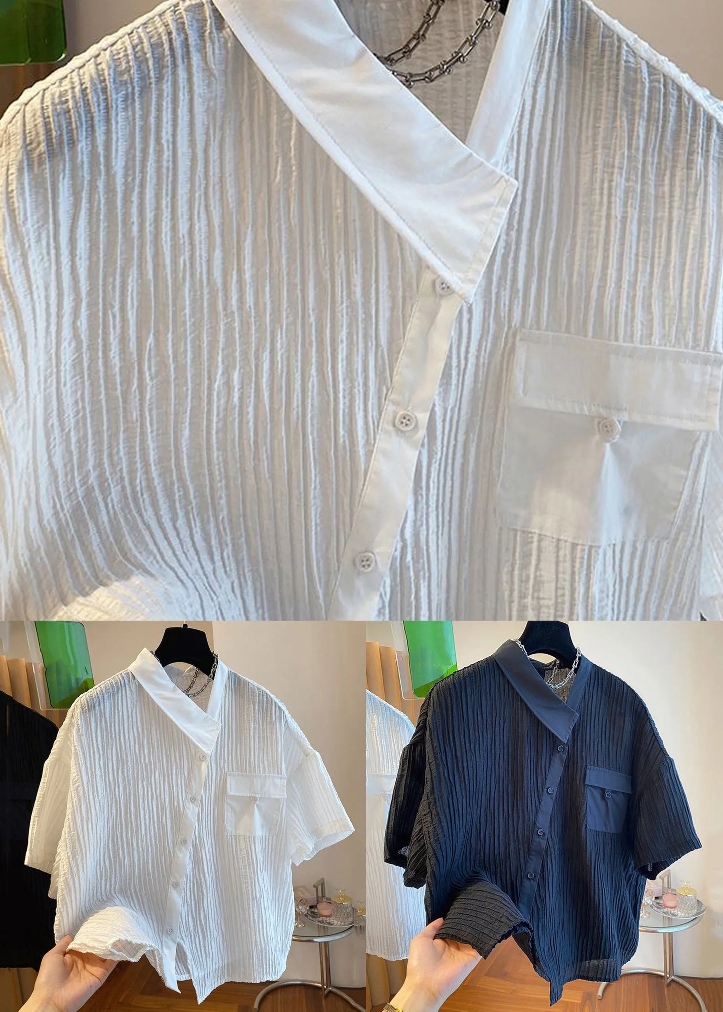 Black Button Pockets Cotton Shirt Asymmetrical Short Sleeve