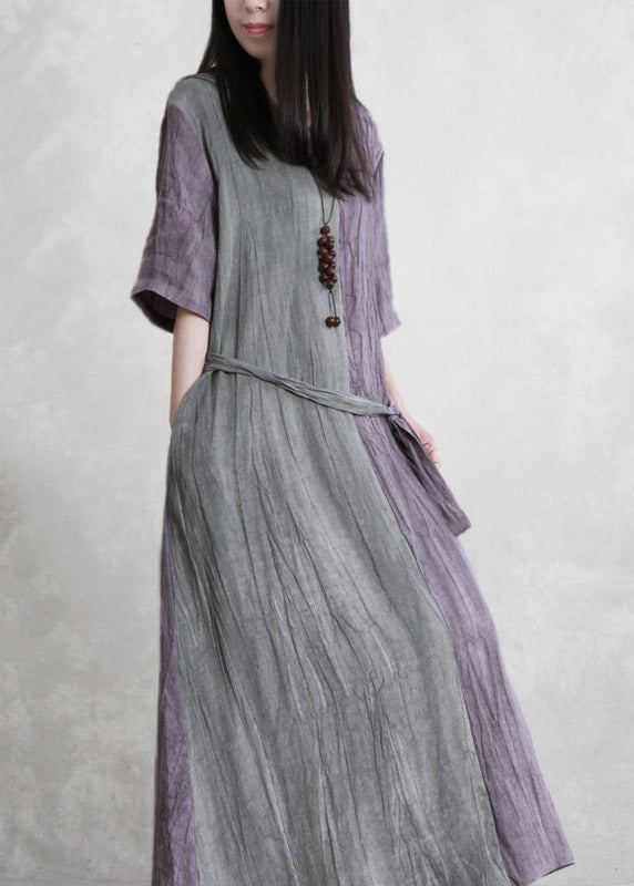 Purple Grey Patchwork V Neck Pockets Wrinkled Tie Waist Linen Dress Half Sleeve