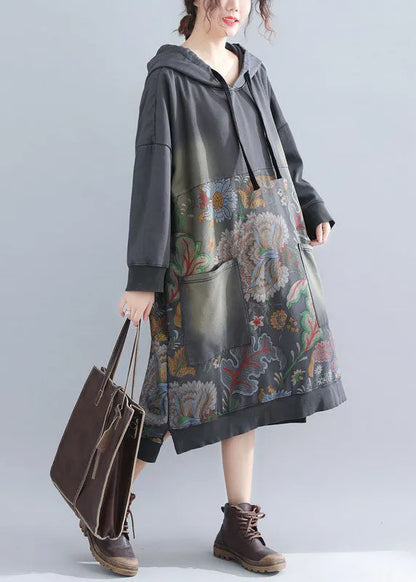 Grey Sweatshirt Dresses Hooded Drawstring Pockets Spring