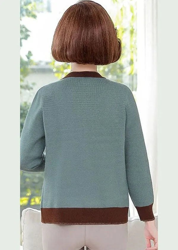 Stylish Orange O-neck Patchwork Pearl Button Knit Jackets Long Sleeve
