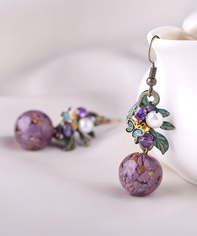Purple Sterling Silver Zircon Jade Crystal Cloisonne Coloured Glaze Drop Earrings