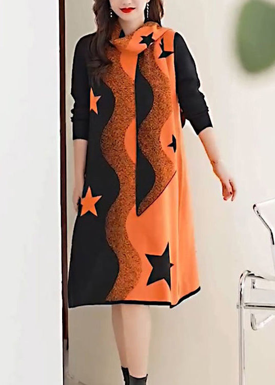 Orange Print Cozy Cotton Knit Two Piece Suit Long Sleeve