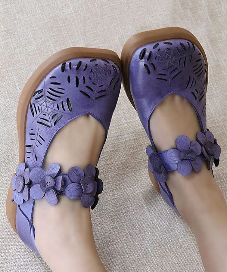 Handmade Cowhide Leather Purple Walking Sandals Hollow Out